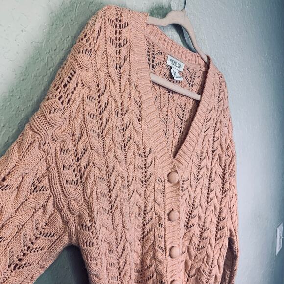 RACHEL ZOE Cardigan Sweater V-Neck Knit Crocheted 3 Button Pale Pink Ribbed Cuff - Picture 6 of 12